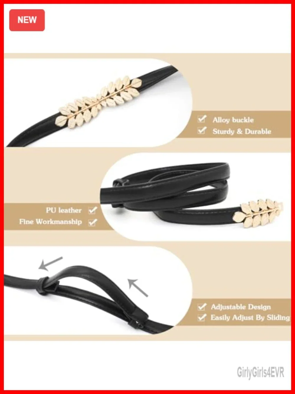 Women Skinny Belt with Gold Buckle Faux Leather Dress Waist Belt